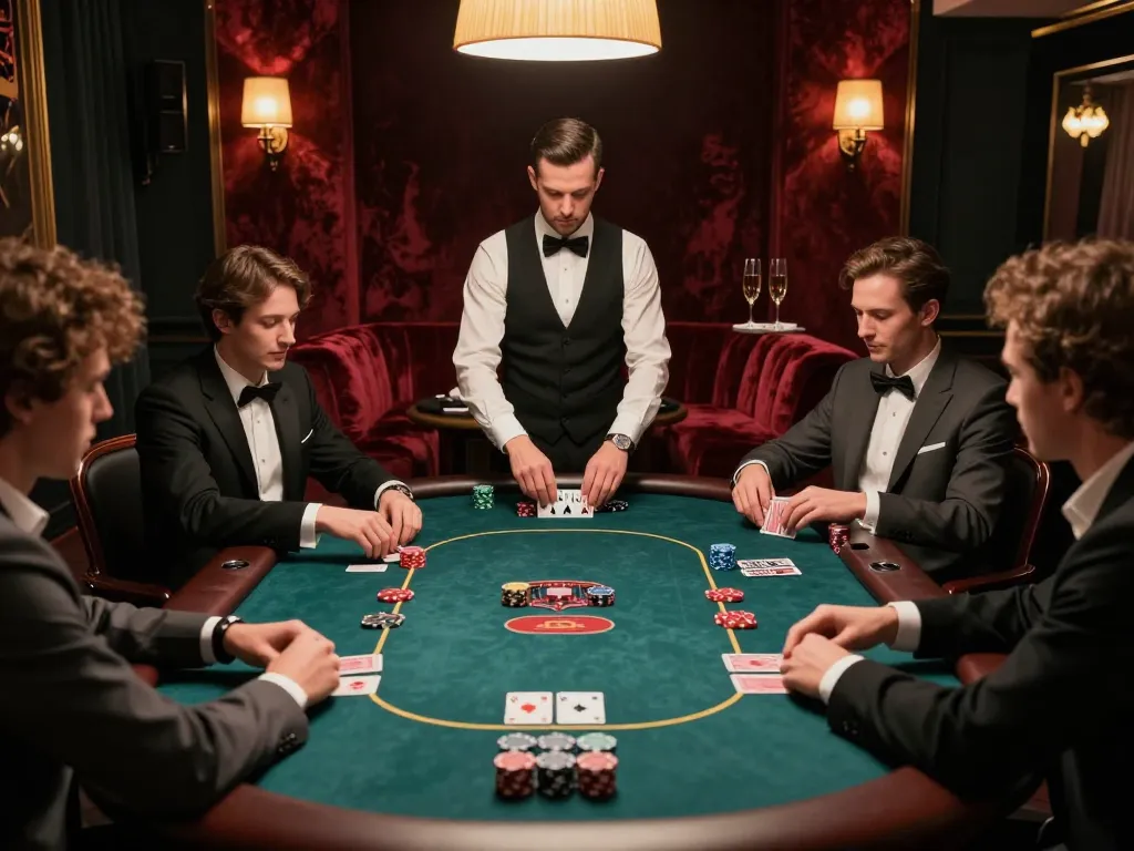Players engaging in high-stakes poker at a nhà cái mm88 VIP table, showcasing strategic gameplay in an elegant setting.