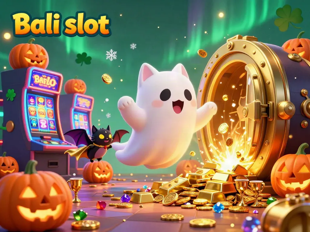 Experience the vibrant Bali slot with a ghost cat, vampire bat, and slot machines illuminated by gold.
