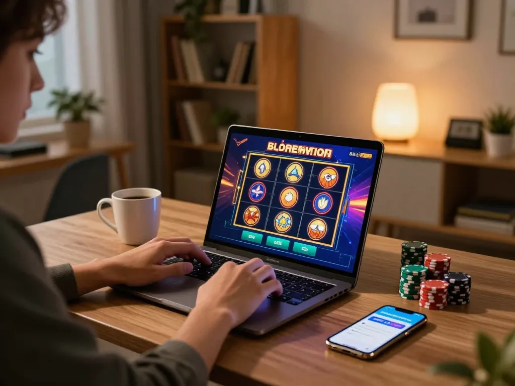 Engaging in online gaming at sumclub with a cozy home setup and laptop.