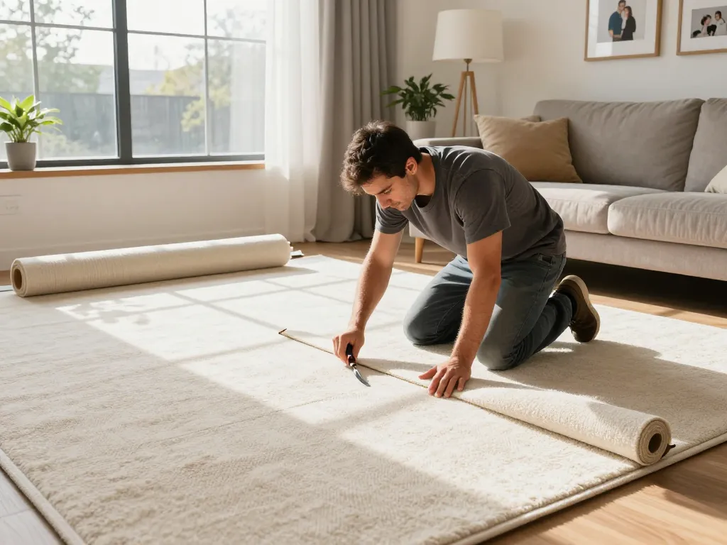 Professional carpet fitters near me installing plush carpet in a bright living room