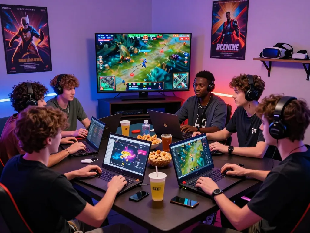 Friends enjoying online gaming with EE88 app on laptops, vibrant atmosphere and snacks.