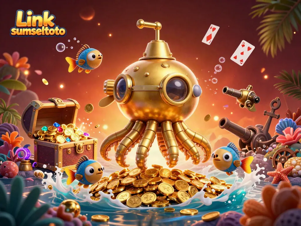 Engage with the thrilling world of Link sumseltoto, illustrated with a rich 3D scene of a golden kraken submarine and colorful game elements.