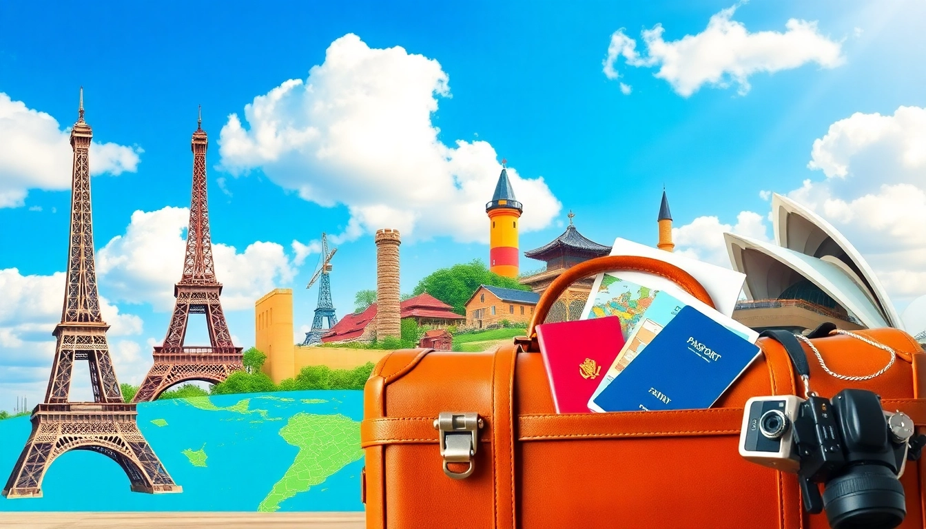 Engaging representation of round the world holidays featuring iconic landmarks and travel essentials.