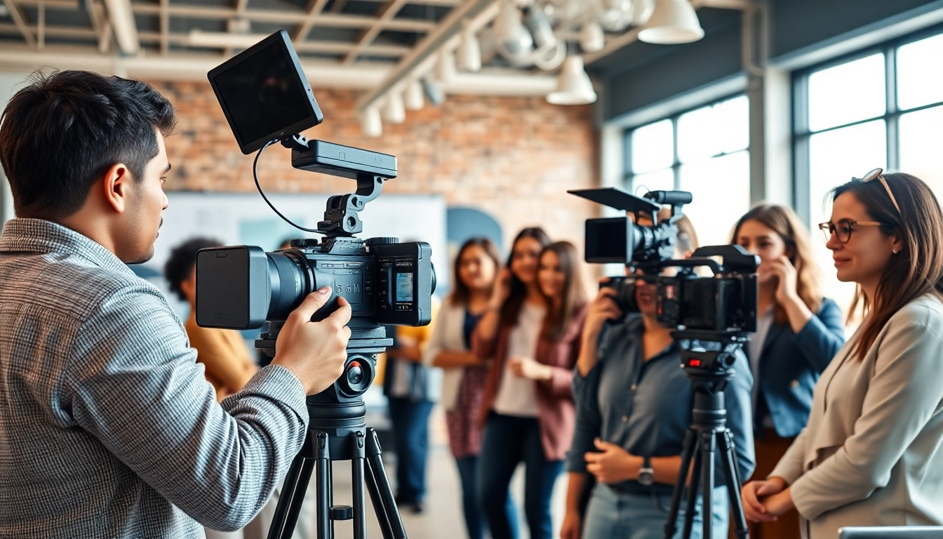 Engaging corporate video production team collaborating creatively in a vibrant office space.