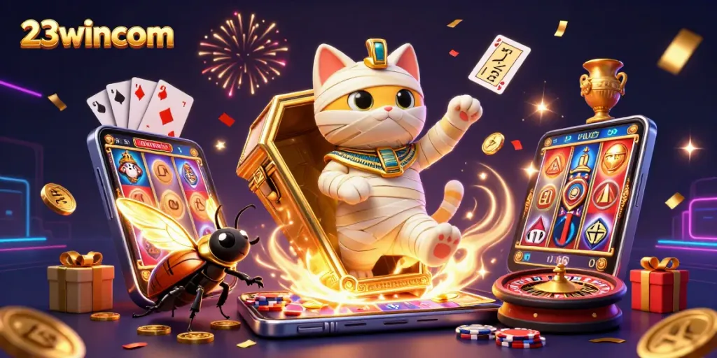 Engage with 23wincom's vibrant casino scene featuring a mummy cat and slot games.