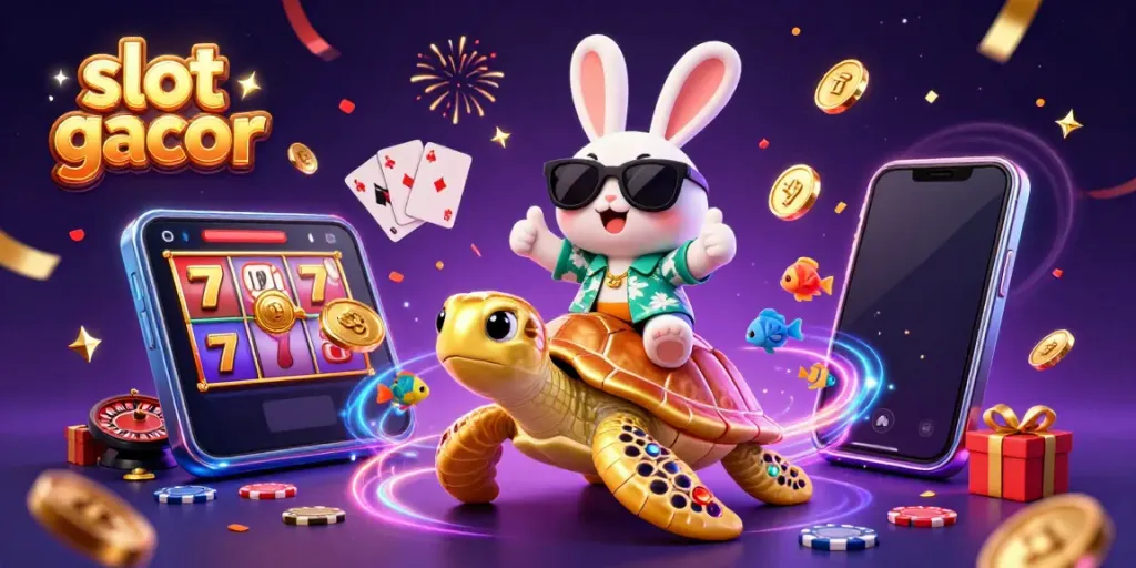 Engaging visual of a lucky rabbit and sea turtle celebrating with vibrant slot gacor elements, ideal for gamblers.