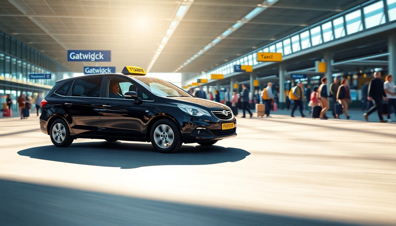Taxi service in Gatwick with a sleek vehicle and bustling airport background.
