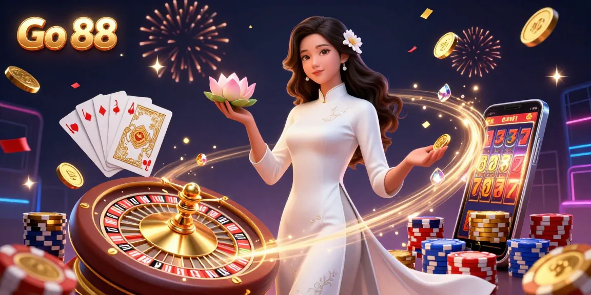 Spin the reels and win with Go 88 in an enchanting online casino setting featuring vibrant characters and games.