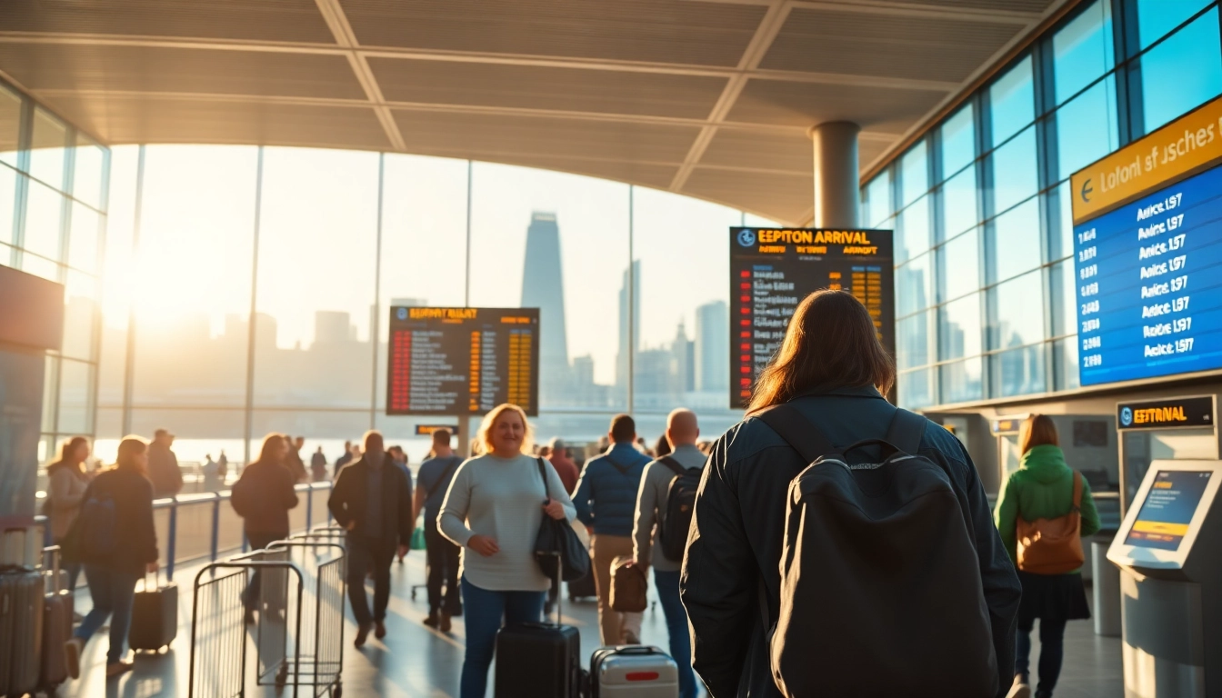 Passengers navigating through the bustling London City airport, showcasing travel excitement and dynamic energy.