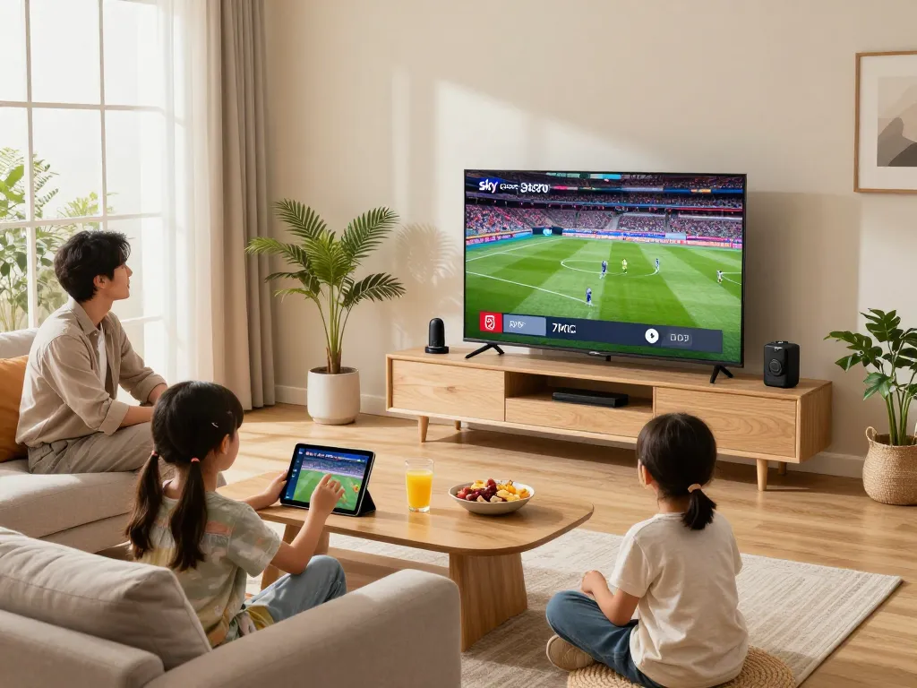 Family enjoying Sky Glass IPTV Subscription in a cozy UK living room with sports streaming on TV.