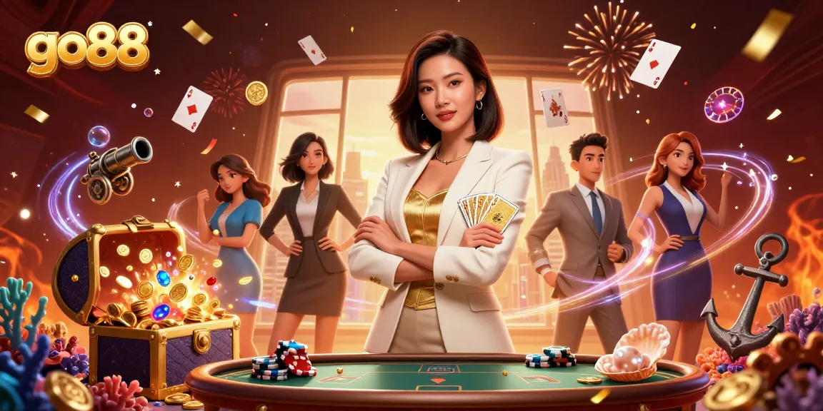 Experience thrilling gameplay at Go88 with an elegant Asian woman showcasing a golden deck of cards.
