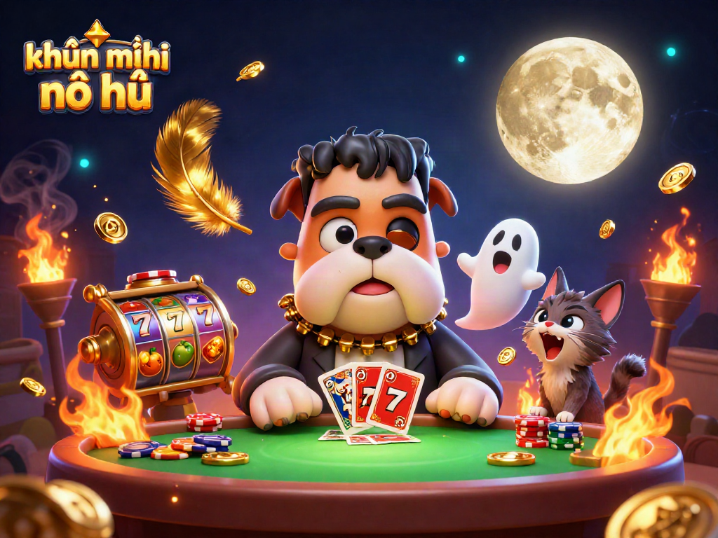 Engage with khuyến mãi nổ hũ while seeing a vibrant 3D scene of a bulldog monster dealing cards.