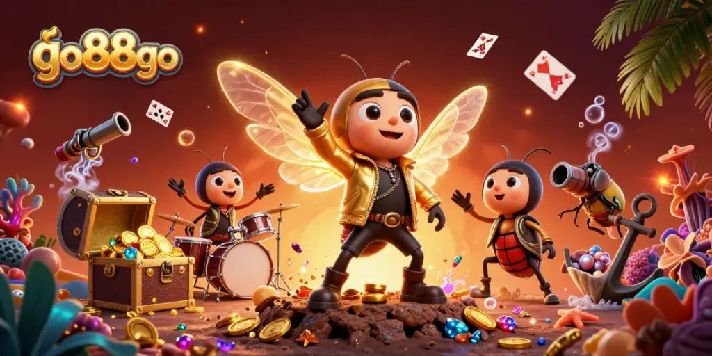 Experience the thrill of go88go with a vibrant casino-themed 3D illustration showcasing a cicada rock star and gaming elements.