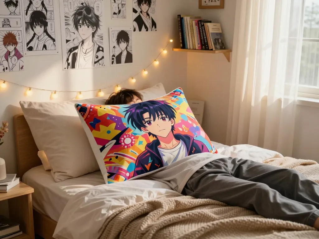 Custom body pillow cases featuring vibrant anime designs in a cozy bedroom setting with soft cushions and warm light.