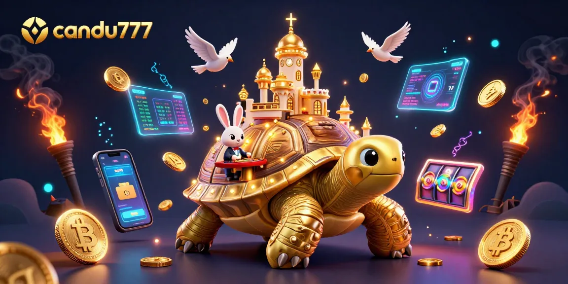 Spin to win with candu777 at this vibrant cartoon casino scene featuring a golden tortoise and a rabbit dealer.