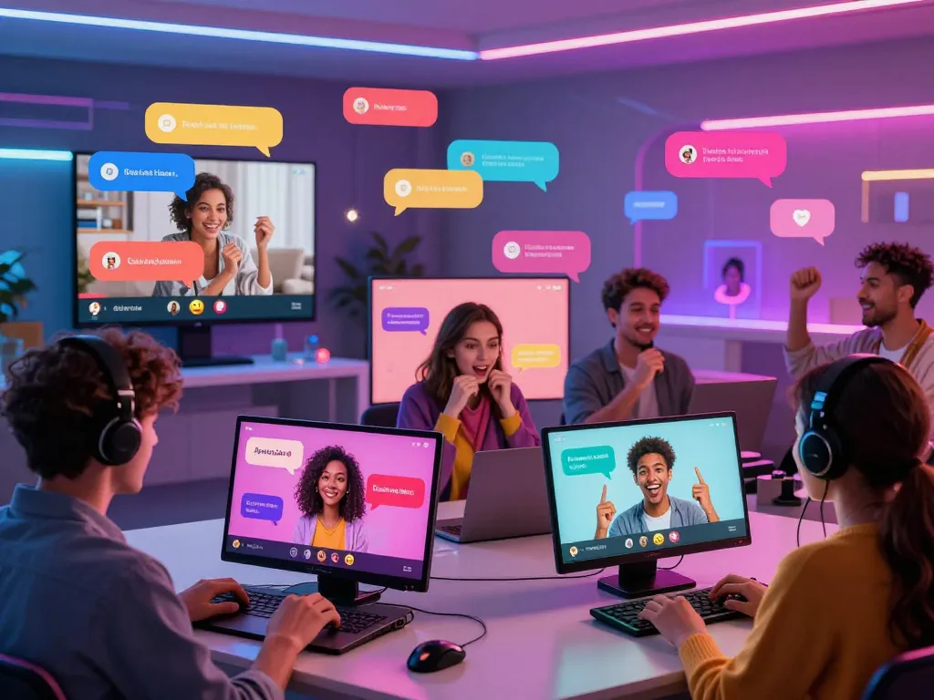Interactive sexchat scene with diverse users engaged in flirty conversations, vibrant digital atmosphere.
