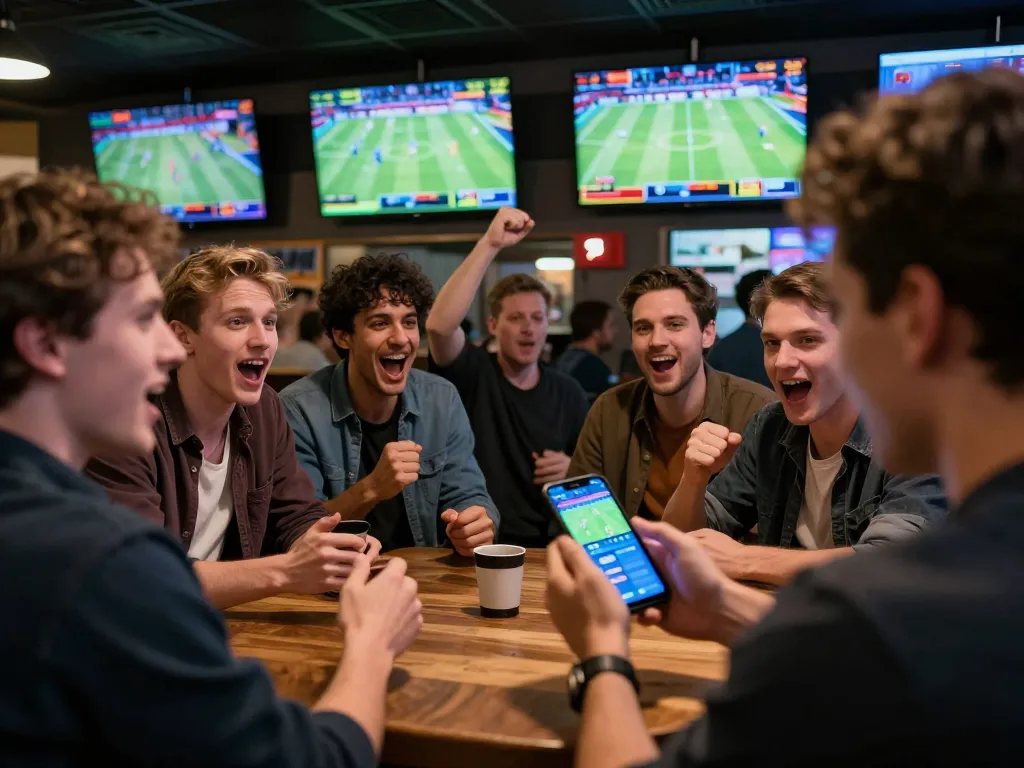 Sports betting action at 888vnd with enthusiastic players using apps to place bets.