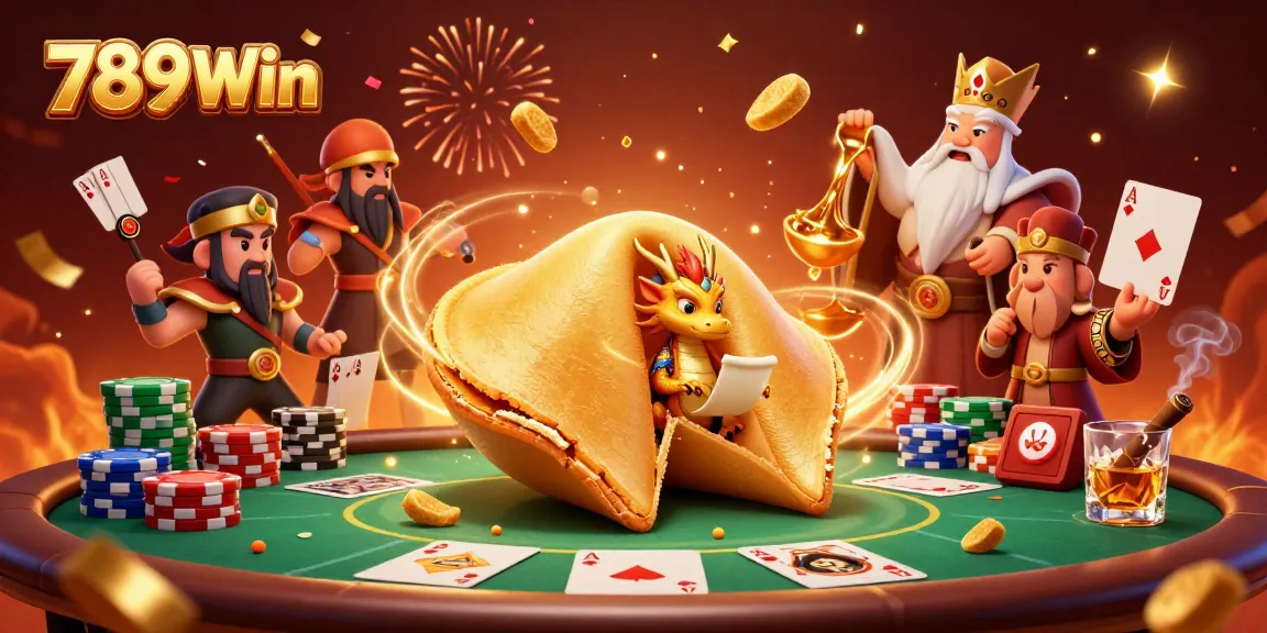Engage with the dynamic 789Win scene showcasing a magical fortune cookie adventure in a casino context.