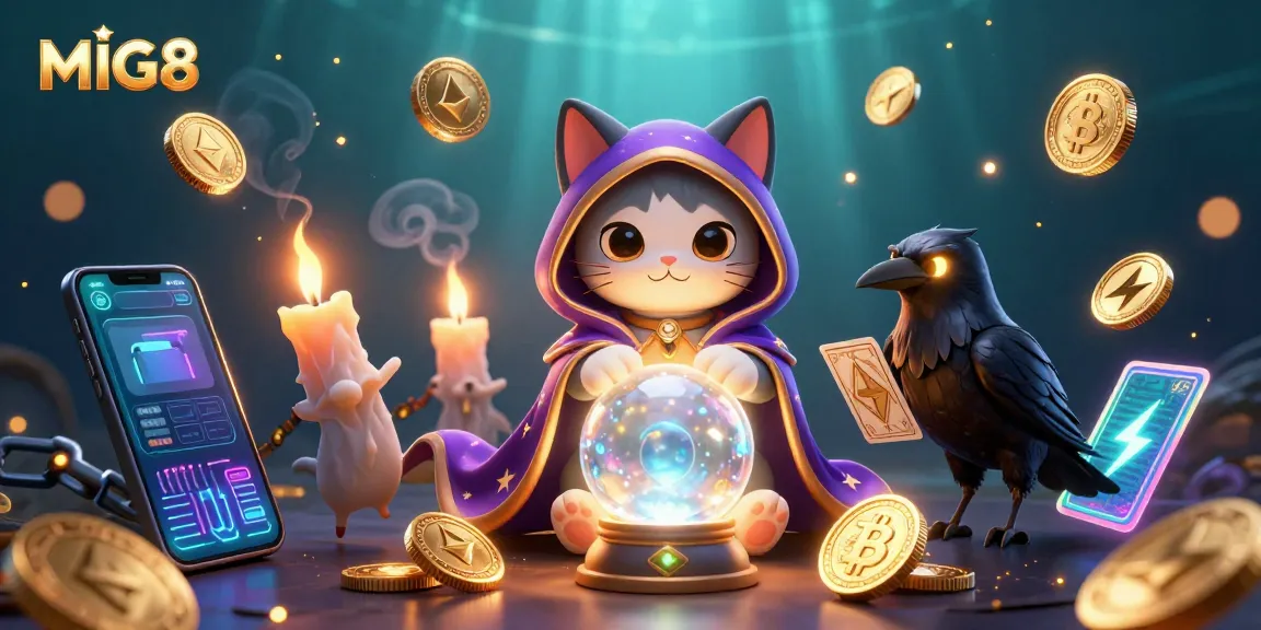 MIG8 showcases a dynamic 3D rendering with a mystical cat, raven, and vibrant gambling elements.