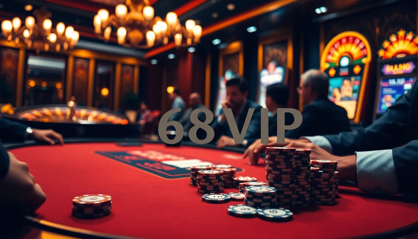 Experience thrilling poker action at 68VIP with luxury gaming tables and vibrant casino atmosphere.