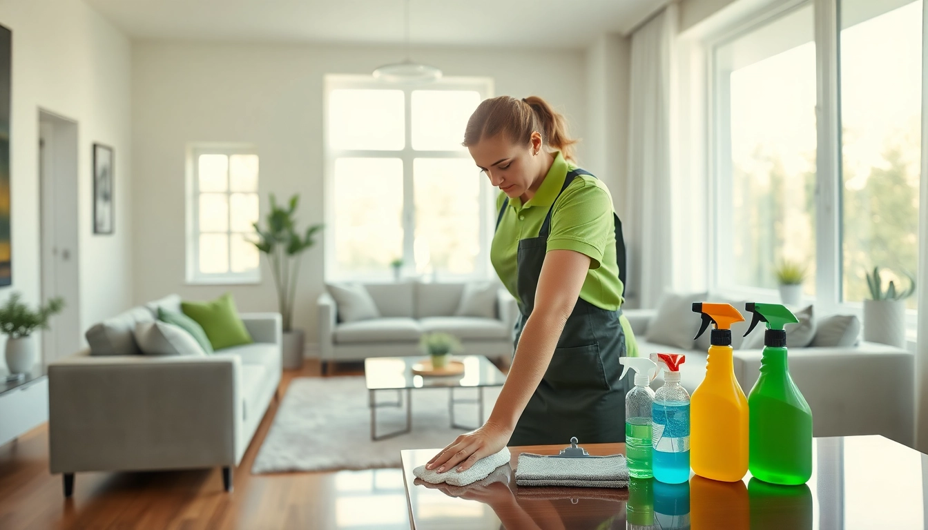 Find reliable cleaning services near me with a professional cleaner in a sparkling living room.
