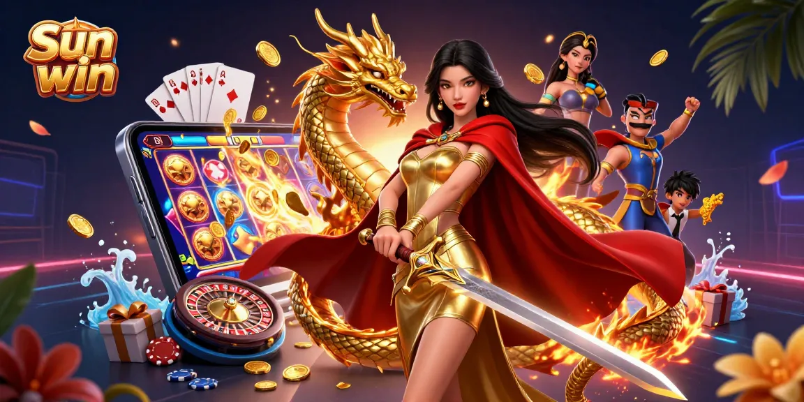 Engage in thrilling gameplay with Sun win, featuring dynamic slot games, golden dragon, and 3D casino elements.