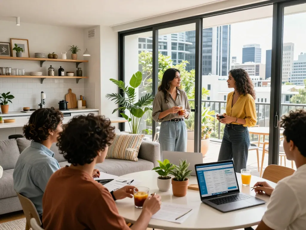 Airbnb management Melbourne scene showcasing a local host engaging with guests at a stylish property, emphasizing warm hospitality and vibrant atmosphere.