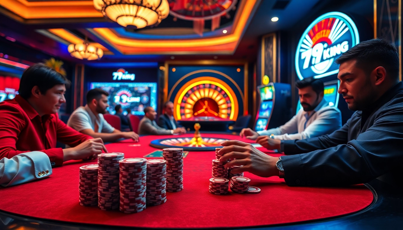 Players enjoying a tense game at a 79KING casino table, surrounded by vibrant lights and poker chips.