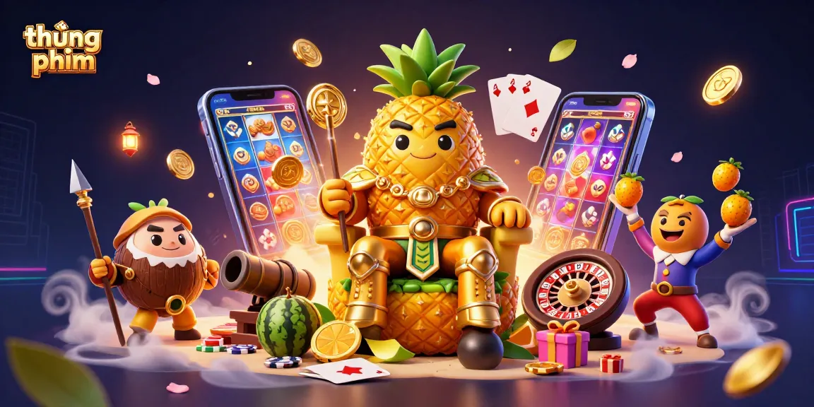 Engage in thrilling thúng phim action with an extravagant 3D cartoon illustration featuring a golden pineapple king.