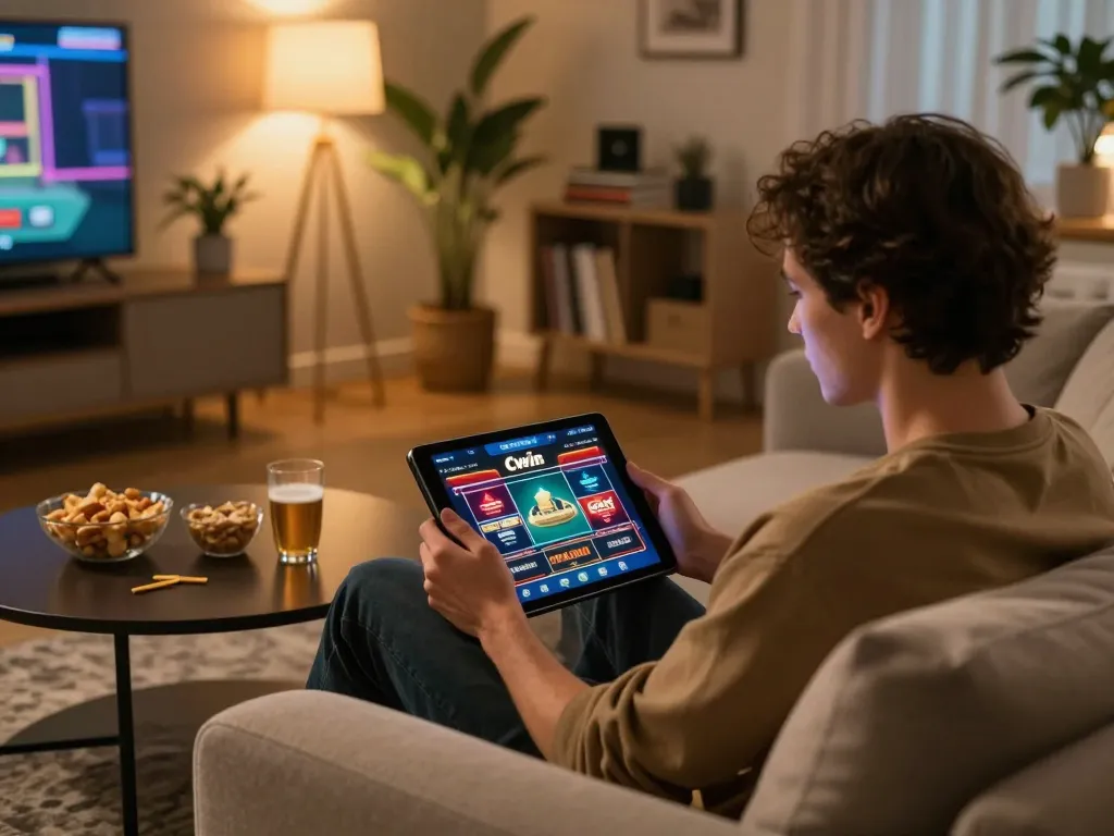 Cwin app showcased on tablet as a player enjoys online gaming at home, creating a comfortable atmosphere.