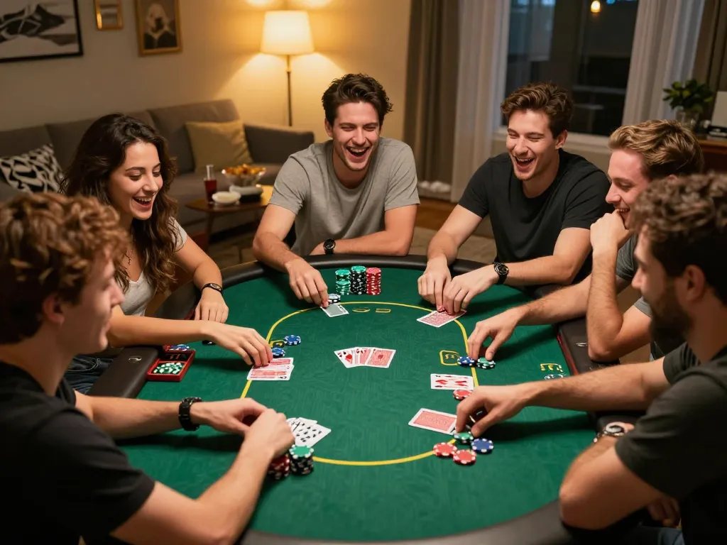 Friends playing poker at home for F168, showcasing excitement and strategic gameplay.