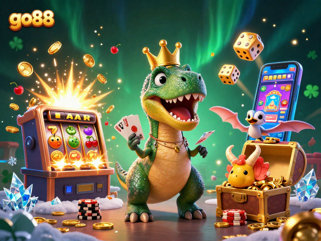 Engage with go 88 at a vibrant casino scene featuring playful dinosaurs and exciting game elements.