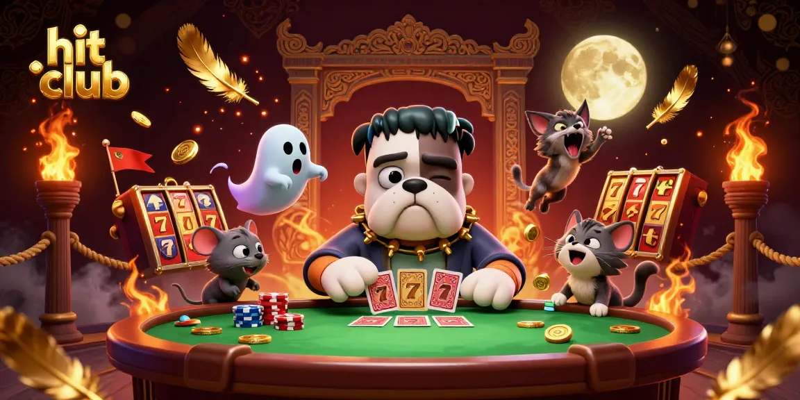 Hit club gaming scene with a Frankenstein bulldog, werewolf kitten, and ghost mouse playing cards.