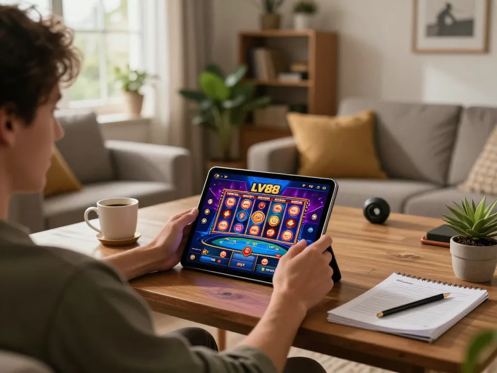 Engaging in online gaming at home with LV88 casino app on a tablet.