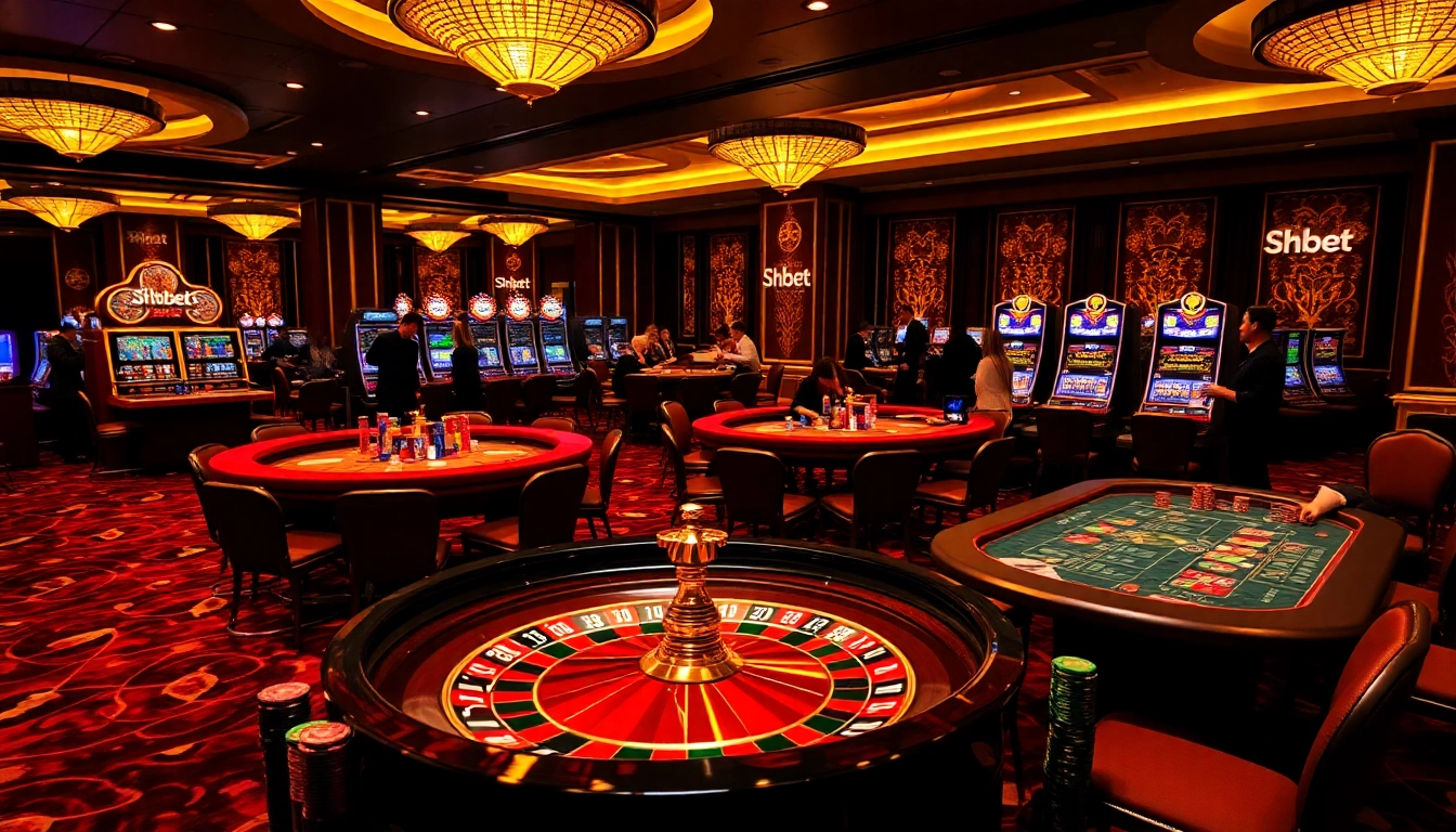 Shbet casino excitement with players at poker tables and a vibrant roulette wheel.