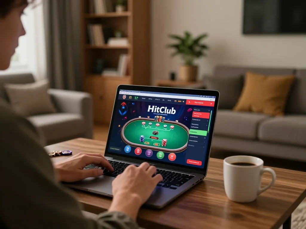 Hitclub player engaged in an online casino game while enjoying a cozy home atmosphere