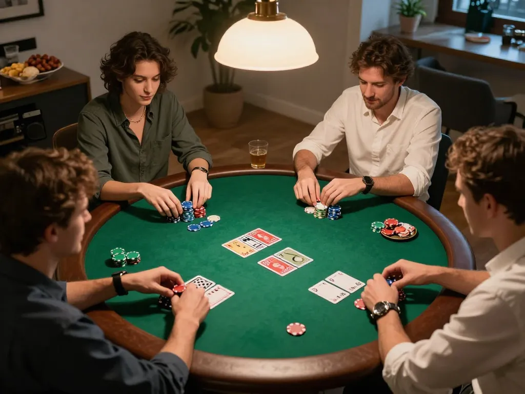 Players enjoying an exciting poker game at home, spotlighting Nhà cái SHBET's diverse gaming options in a friendly setting.