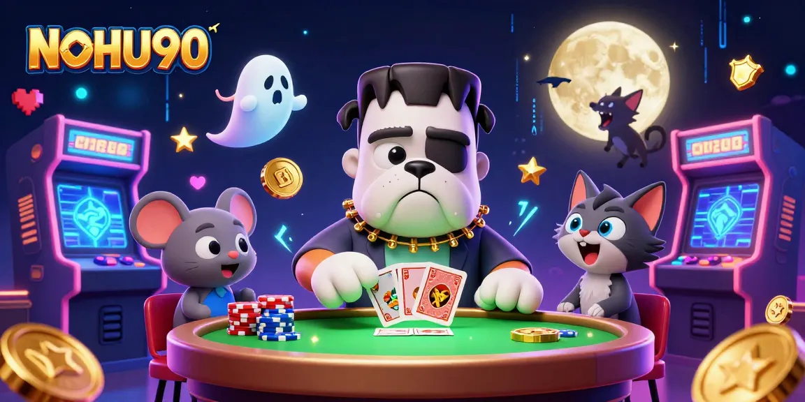Engage with NOHU90's high-energy gaming scene featuring monsters and casino elements.