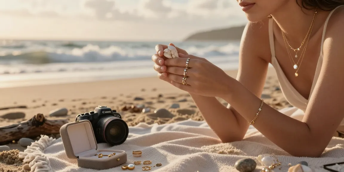 Woman wearing dainty jewellery uk on a beach at sunset, showcasing elegant layers and natural beauty.