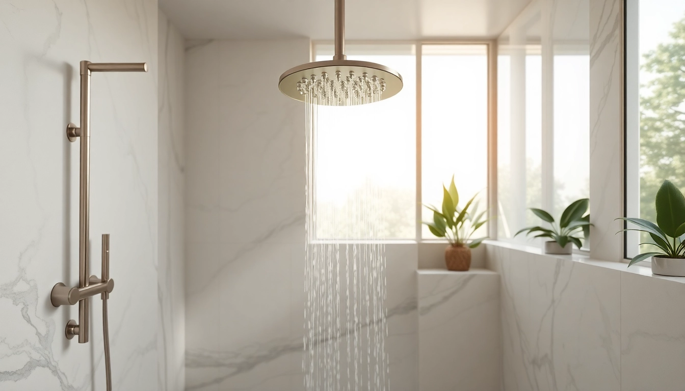 Experience luxurious elegant showers in a stylish, modern bathroom with marble and natural light.