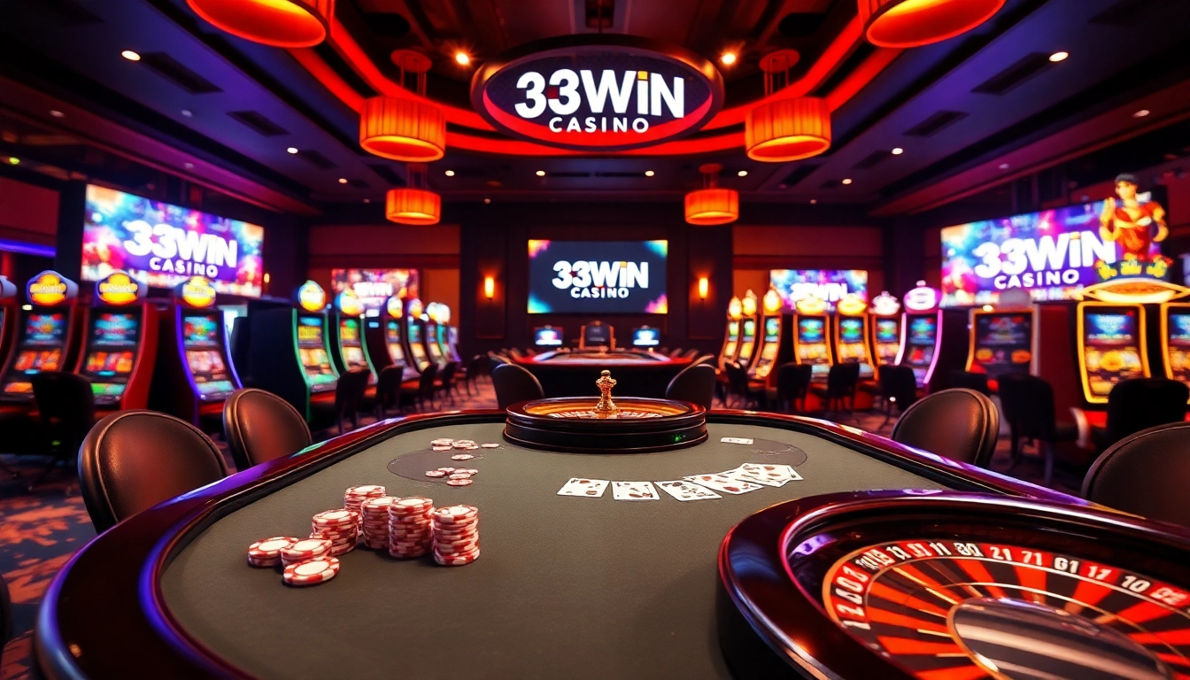 Engaging gaming at 33WIN Casino with vibrant slot machines and elegant poker action.
