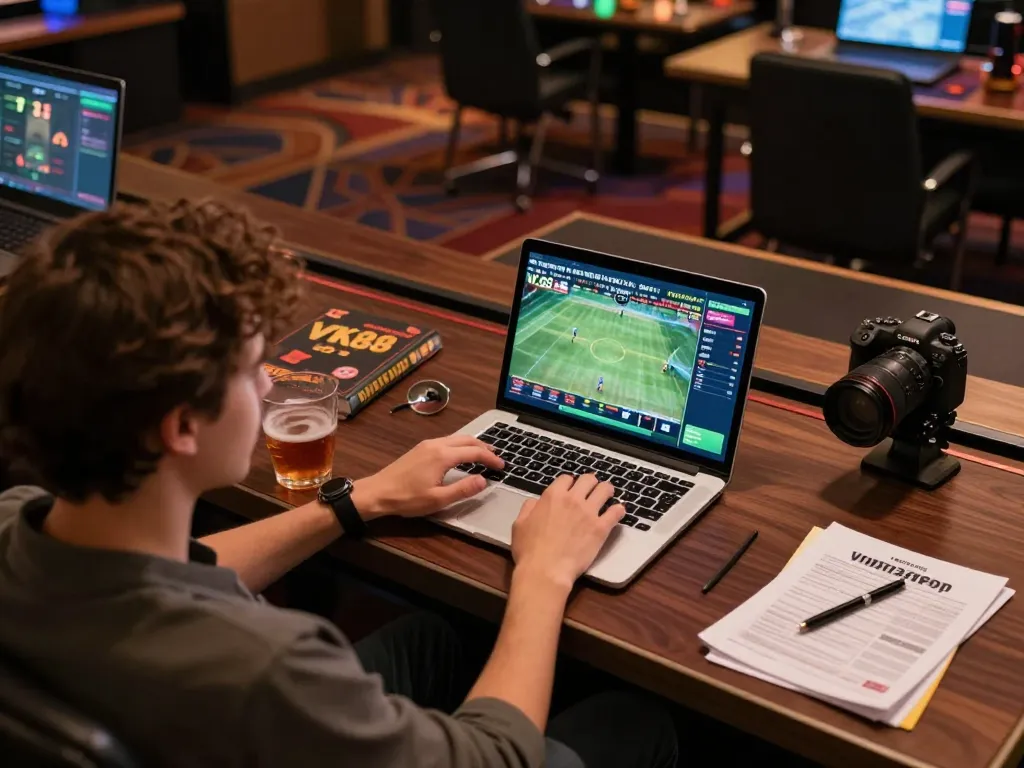 Engaged user on VK88 platform placing bets during a live sports match in a cozy home setting.
