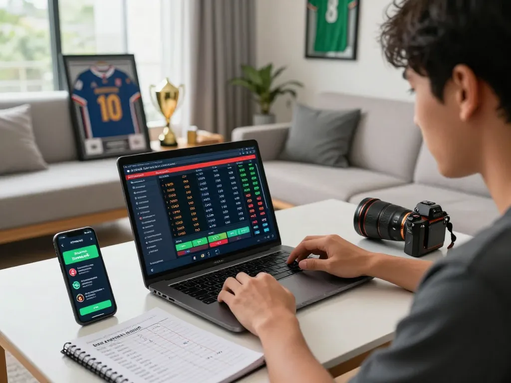 Focused individual analyzing betting odds on laptop with keonhacai5 updates in a modern living room.
