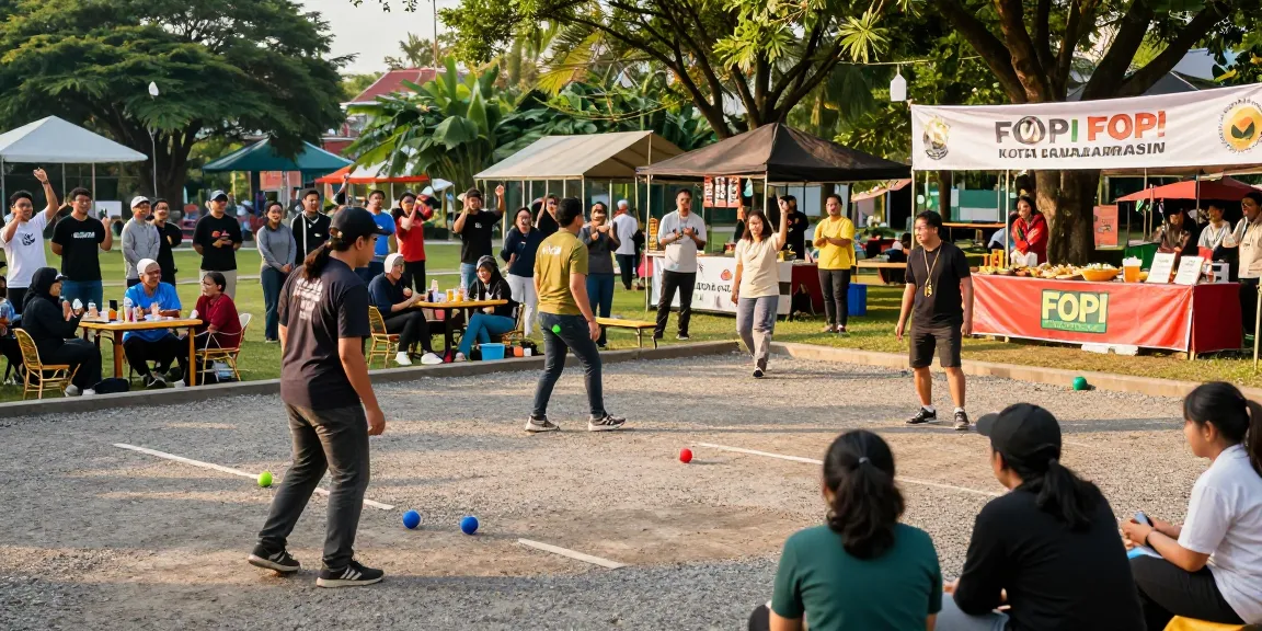 Community petanque tournament showcasing fopikotabanjarma.org, players in action and spectators enjoying the event.