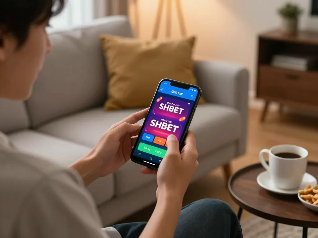 Person enjoying mobile gaming with Nhà cái SHBET app in a cozy home environment.