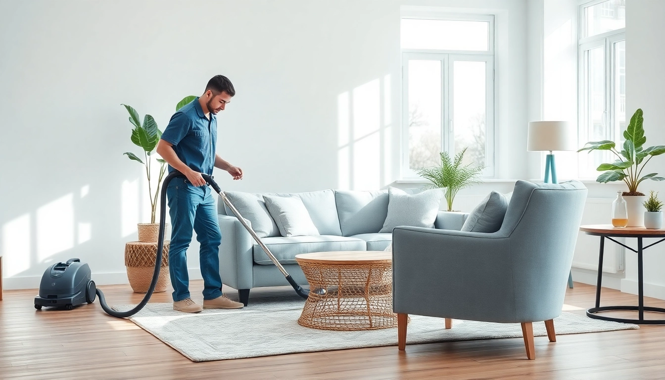 Upholstery cleaning in Glasgow with a technician working in a modern living room, highlighting clean and fresh fabrics.