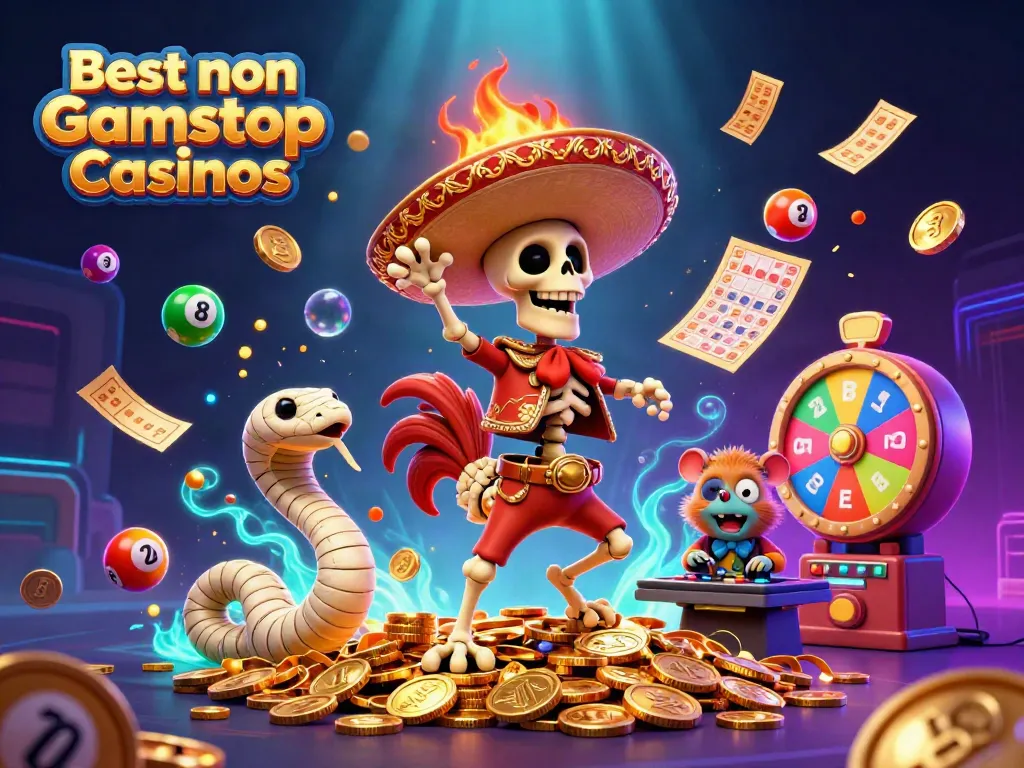 Join a festive scene with vibrant characters celebrating the Best non Gamstop Casinos around golden rewards.
