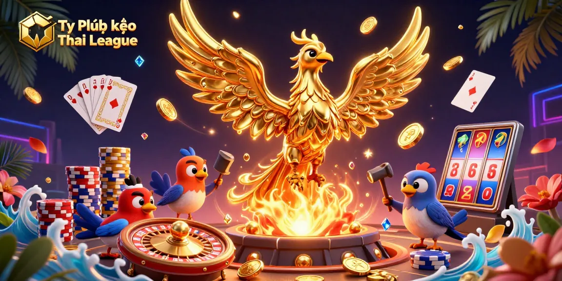 Tỷ lệ kèo Thai League showcased in a vibrant casino scene with golden phoenix and dynamic gaming elements.