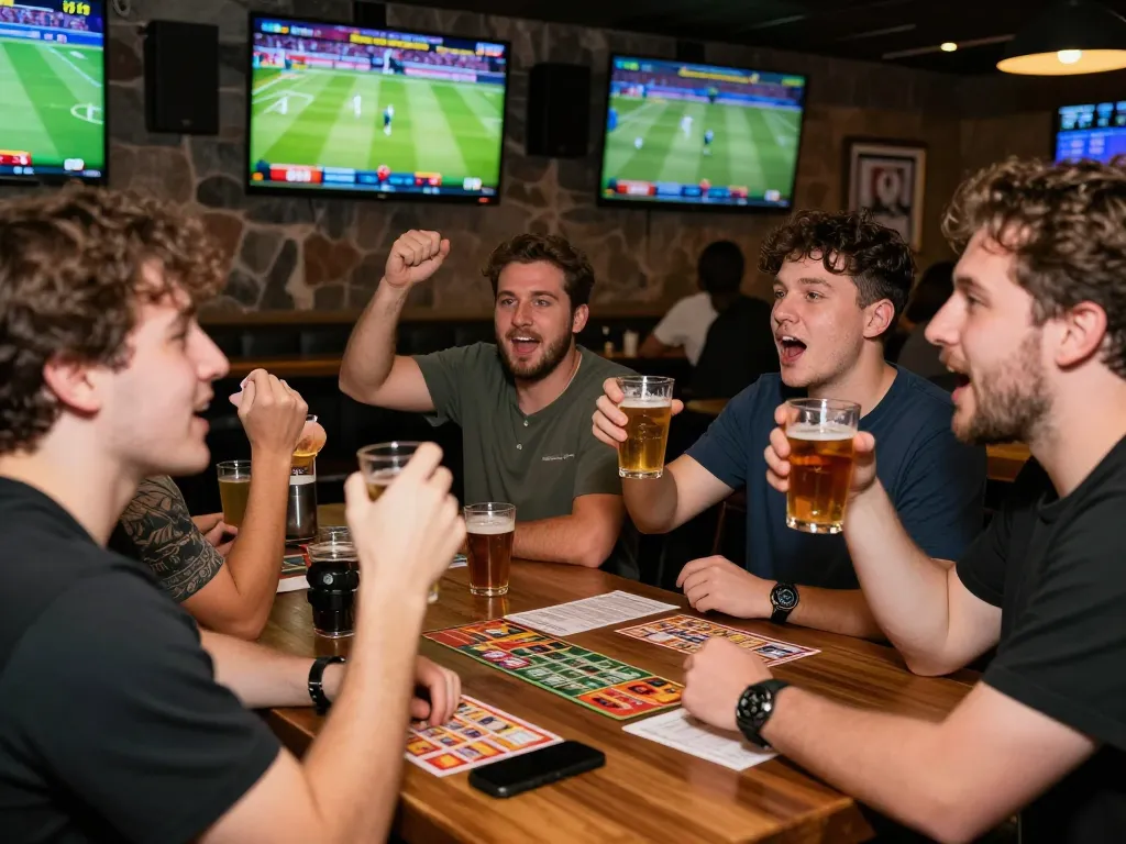 Engaging scene of live sports betting at a bar, highlighting Nhà cái SHBET as friends celebrate wins.