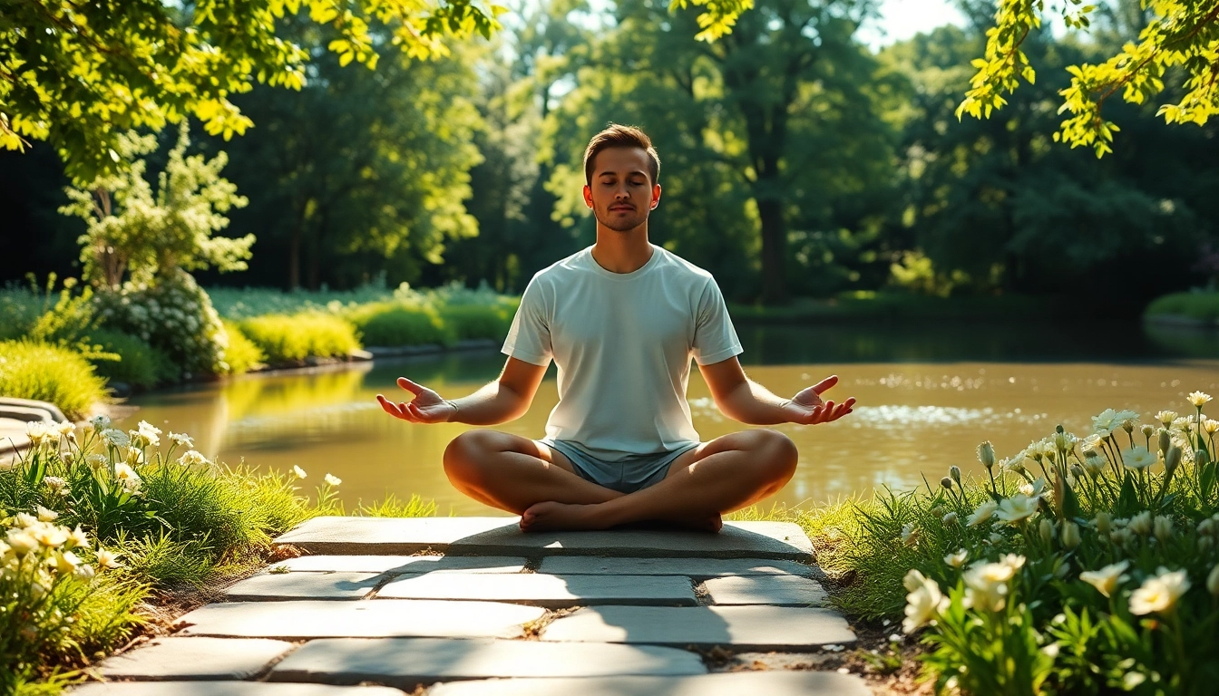 Meditating individual in nature symbolizing mental wellness and tranquility amidst green surroundings.